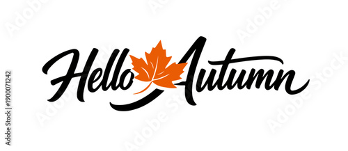 Hello Autumn typography logo with orange maple leaf and elegant black script calligraphy