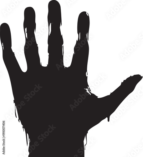 Black silhouette of a human hand raised with fingers spread apart on white background