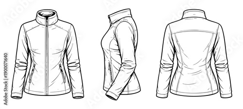Women fleece jacket illustration set with front, side and back views mock-up