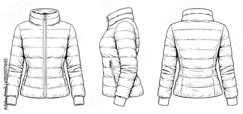 Women puffer jacket illustration set with front, side and back views mock-up