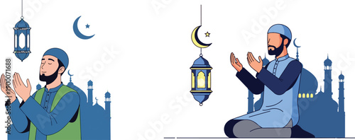 Ramadan vector illustration, muslim man praying dua, hijab woman monajat, hands raised prayer, ramadan lantern, crescent moon, mosque elements.