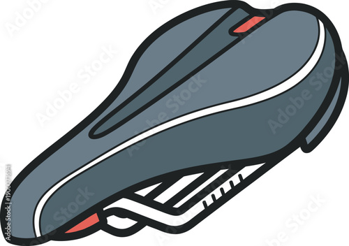 Professional grey bicycle saddle vector with red accents and white trim. High-quality flat design ideal for cycling gear branding, bike component logos, and competitive racing equipment retail graphic