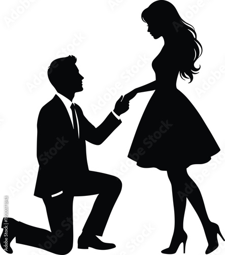 Romantic Silhouette of Elegant Man Proposing on One Knee Holding Woman's Hand for Engagement Marriage Proposal and Love Concept Vector