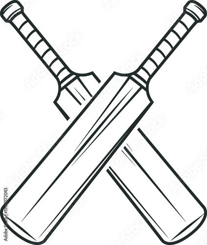 Professional black and white outline vector of crossed cricket bats. High-quality minimalist design ideal for cricket club branding, sports equipment logos, and athletic tournament trophy graphics.