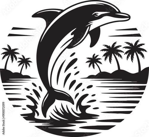 Dolphin jumping out of tropical ocean water with palm trees on island background in black and white illustration