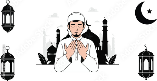 Ramadan vector illustration, muslim man praying dua, hijab woman monajat, hands raised prayer, ramadan lantern, crescent moon, mosque elements.
