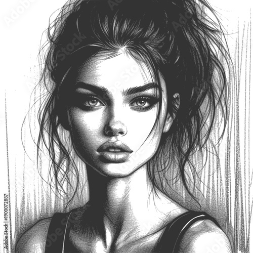 Stunning charcoal sketch portrait of a young athletic woman with messy ponytail and intense gaze, design for fitness motivation posters, gym wall art and sportswear branding. Transparent EPS version.