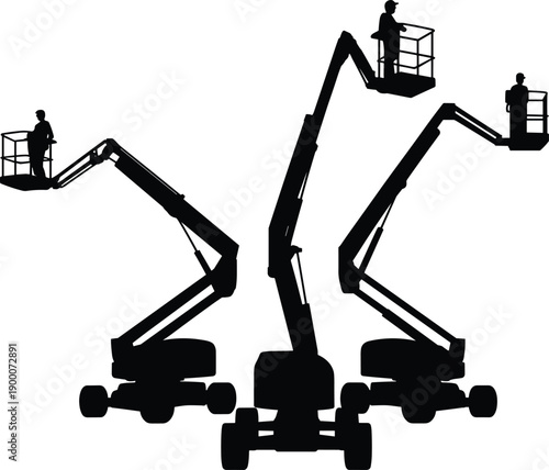 Construction boom lifts silhouette illustration, workers elevated platforms, aerial work equipment, industrial safety, maintenance task, heavy machinery, building site, engineering