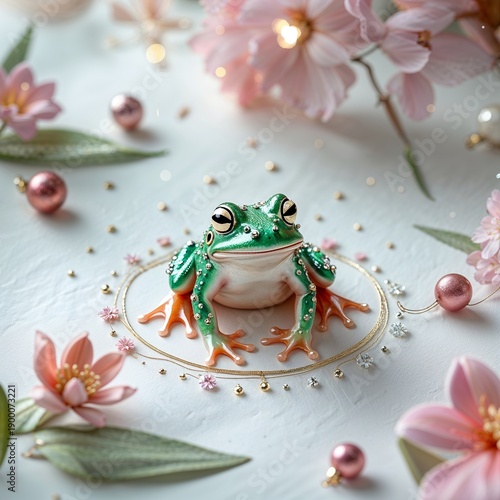 Green Frog Ornament with Pink Flowers and Gold Details in Soft Studio Setting