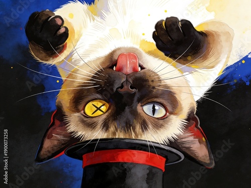 A quirky abstract painting of a Siamese cat wearing a top hat.