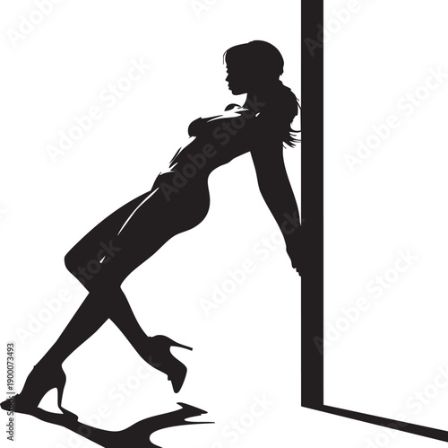 Silhouette of a woman leaning against a door frame in a sensual pose with high heels on isolated on white background