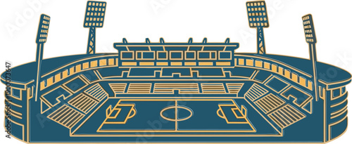 Professional gold and blue outline vector of a large soccer stadium with floodlights. High-quality minimalist design ideal for football tournament branding, sports arena logos, and match event graphic
