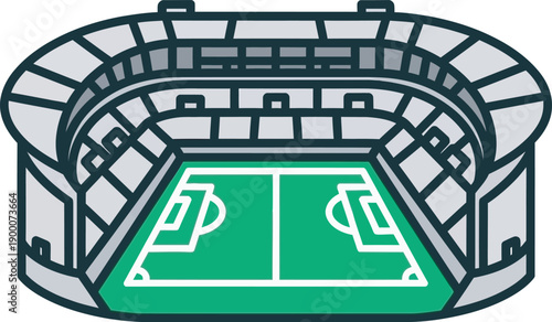 Professional isometric vector of a green soccer stadium with tiered seating. High-quality minimalist design ideal for football tournament branding, sports club logos, match event promotional graphics.