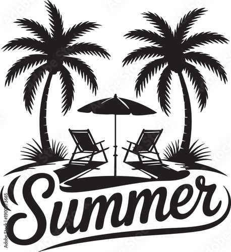 Summer vacation beach scene with palm trees lounge chairs and umbrella black silhouette on white background
