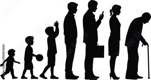 Human life stages silhouette illustration, childhood to old age, aging process, family generation concept, growth development, people evolution, lifestyle change