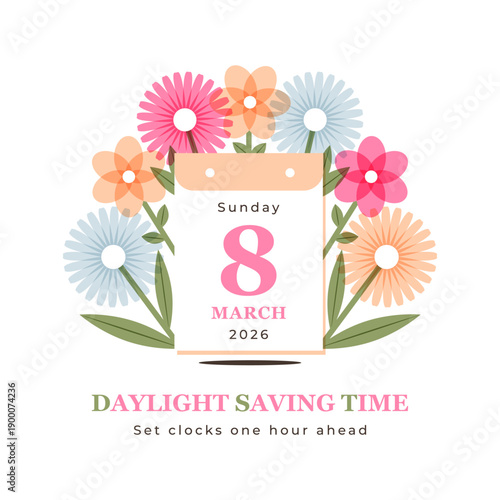 Spring Forward 2026 March 8. Daylight saving time poster with calendar date, green foliage and bright flowers. Set your clock ahead one hour. Vector illustration. Flat style.