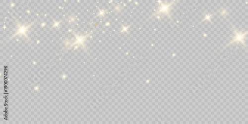 The dust sparks and golden stars shine with special light. Vector sparkles on a transparent background. Christmas lights