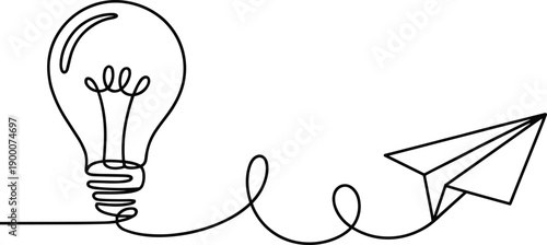 Minimalist continuous line drawing light bulb paper airplane creativity concept, innovation idea flight artwork, modern design metaphor illustration composition