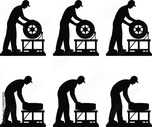 Silhouette mechanic handling tires in various postures, tire maintenance, installation process, automotive repair, black figure, ergonomic work steps