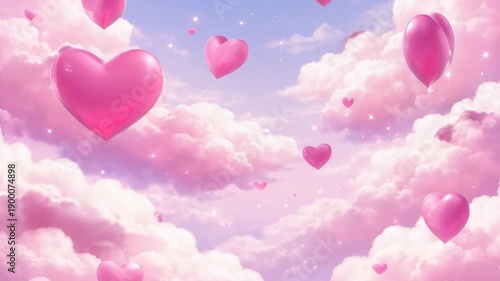 Pink heart-shaped balloons float among fluffy clouds in a vibrant sky, creating a whimsical and dreamy atmosphere filled with love and joy