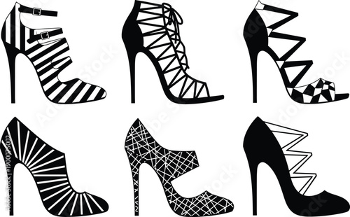 Black and white vector illustration set of elegant women high heeled shoes and stiletto sandals featuring geometric patterns stripes and strappy fashion design elements