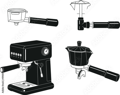 Black and white vector illustration set of professional espresso machine portafilter and moka pot for cafe branding coffee shop menu and barista brewing concepts