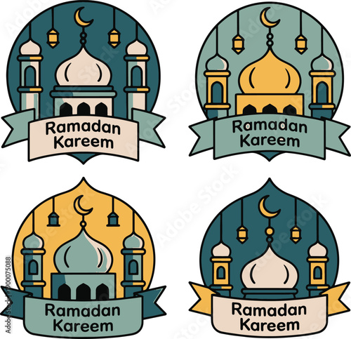 Ramadan kareem emblems with mosque illustrations and crescent moons