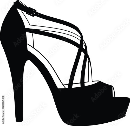 Black silhouette vector illustration of a high heeled strappy sandal with platform sole and ankle strap for fashion luxury footwear and evening wear concepts