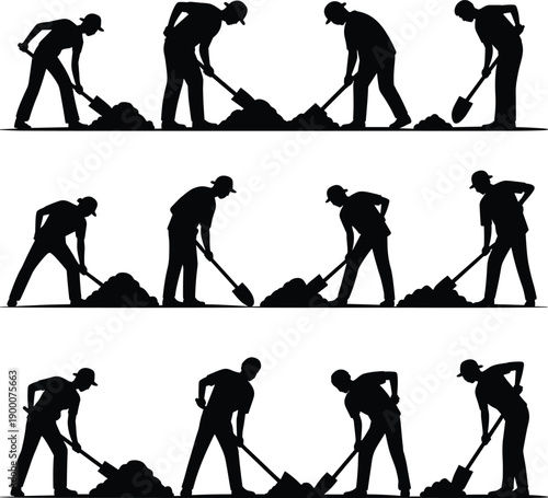 Silhouette workers performing shoveling tasks, manual labor posture, digging sequence, black figure, ergonomic movement, construction effort, dirt handling, tool usage