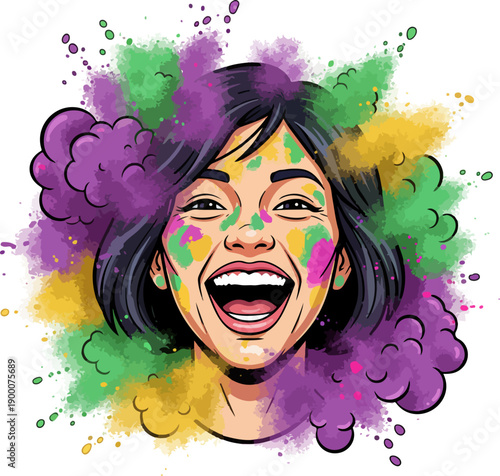 Dynamic Mardi Gras Color Powder Portrait Vector Art