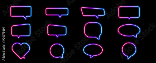 Glowing neon chat balloon with vibrant blue and pink light effect. Speech bubble frame shining bright. Perfect dialog box icon for modern messaging interface.