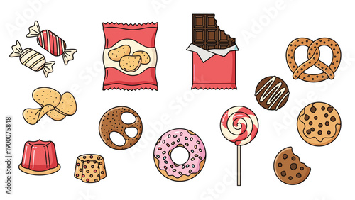 Large assortment of unhealthy junk food snacks including chips, chocolate, cookies, donuts, and colorful candies for treats.