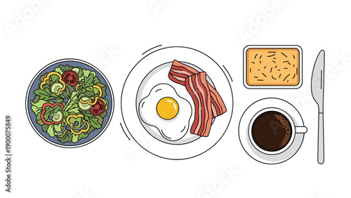 Complete breakfast set including a fresh garden salad, fried egg with bacon, toast, and a cup of hot black coffee on a table.