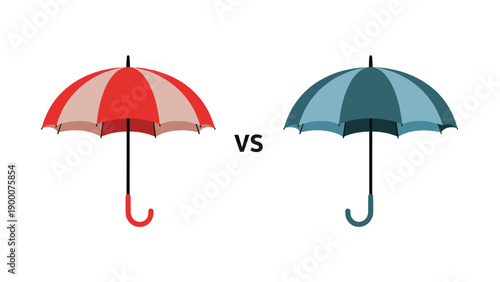 Comparison of two umbrellas, one red and white striped and one blue and teal striped, for rain or sun protection in weather.