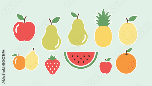 Colorful collection of healthy fruit icons including apple, pear, pineapple, strawberry, watermelon, and orange for stickers.