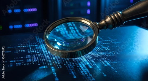 Magnifying glass examining digital data streams and binary code on computer screen. Cybersecurity analysis, data investigation and information technology concept.
