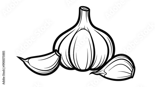 Bold black and white line art illustration of a whole garlic bulb with two separate cloves of garlic for kitchen cooking.