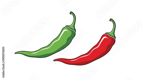 Pair of fresh long red and green chili peppers with curved stems representing spice levels and flavorful ingredients for diverse spicy cooking.