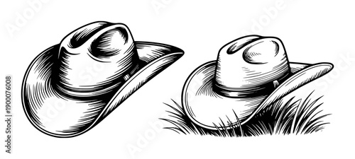 Black And White Cowboy Hats Isolated And In Grass western headwear