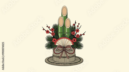 Traditional Japanese New Year decoration called kadomatsu featuring bamboo shoots, pine branches, plum blossoms, and a fan in a wooden base.