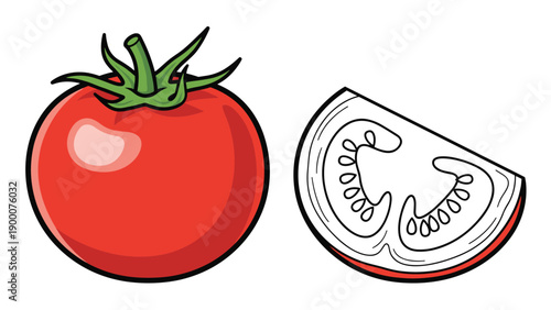 Whole red ripe tomato with a green stem and a semi-circular slice showing the internal seed structure for fresh garden vegetable concepts.