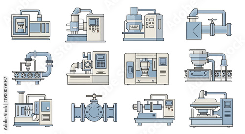 Collection of twelve industrial machines and machines in blue and gray on a white background.