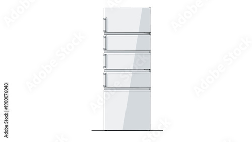 Tall modern white refrigerator with five separate compartments and drawers designed for efficient food storage and cooling in a home kitchen.