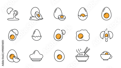 Diverse set of minimalist icons showing different stages of egg preparation including raw, boiled, fried, and cracked forms for cooking guides.