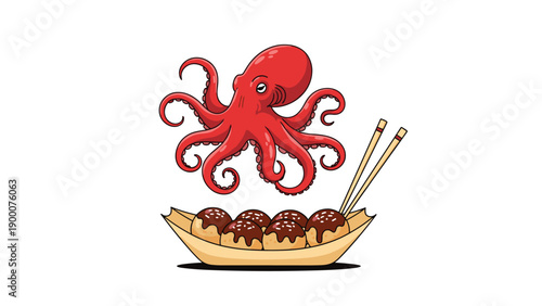 Red octopus floating above a wooden boat of delicious takoyaki octopus balls with seaweed and sauce toppings for street food.