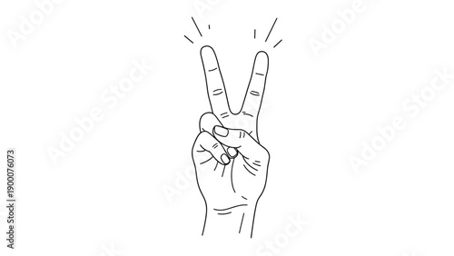 Minimalist line art illustration of a human hand showing the peace or victory sign with two fingers raised high in the air.