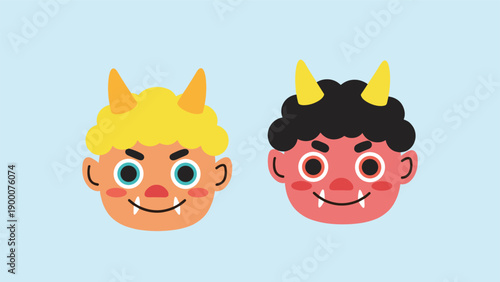 Cute cartoon oni demons from Japanese folklore with colorful hair and horns representing traditional setsubun festival masks.