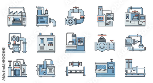 Collection of industrial machines and equipment icons in blue and gray hues against a clean white background.