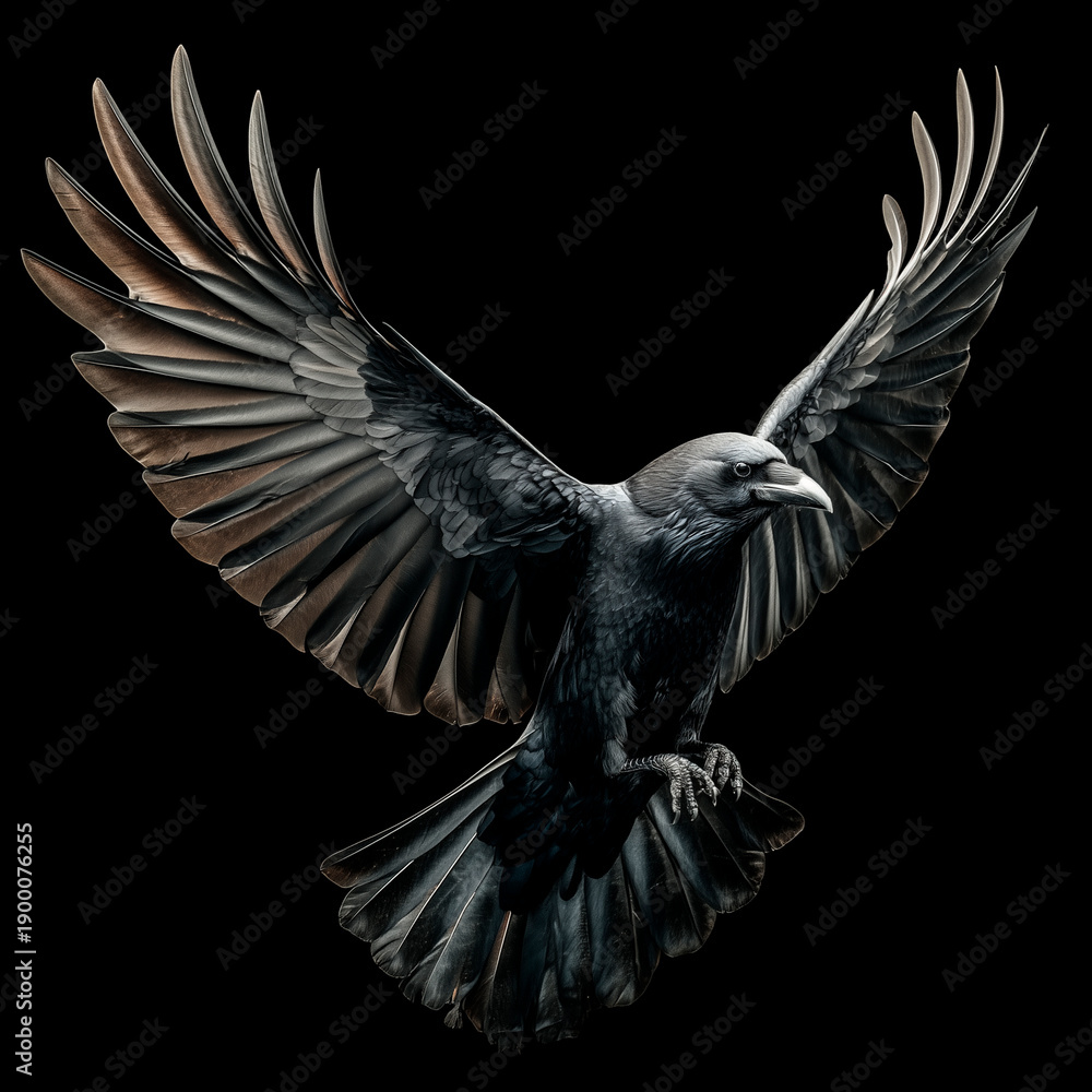 Naklejka premium Black Raven with Spread Wings Isolated on Dark Background, Symbol of Mystery and Power