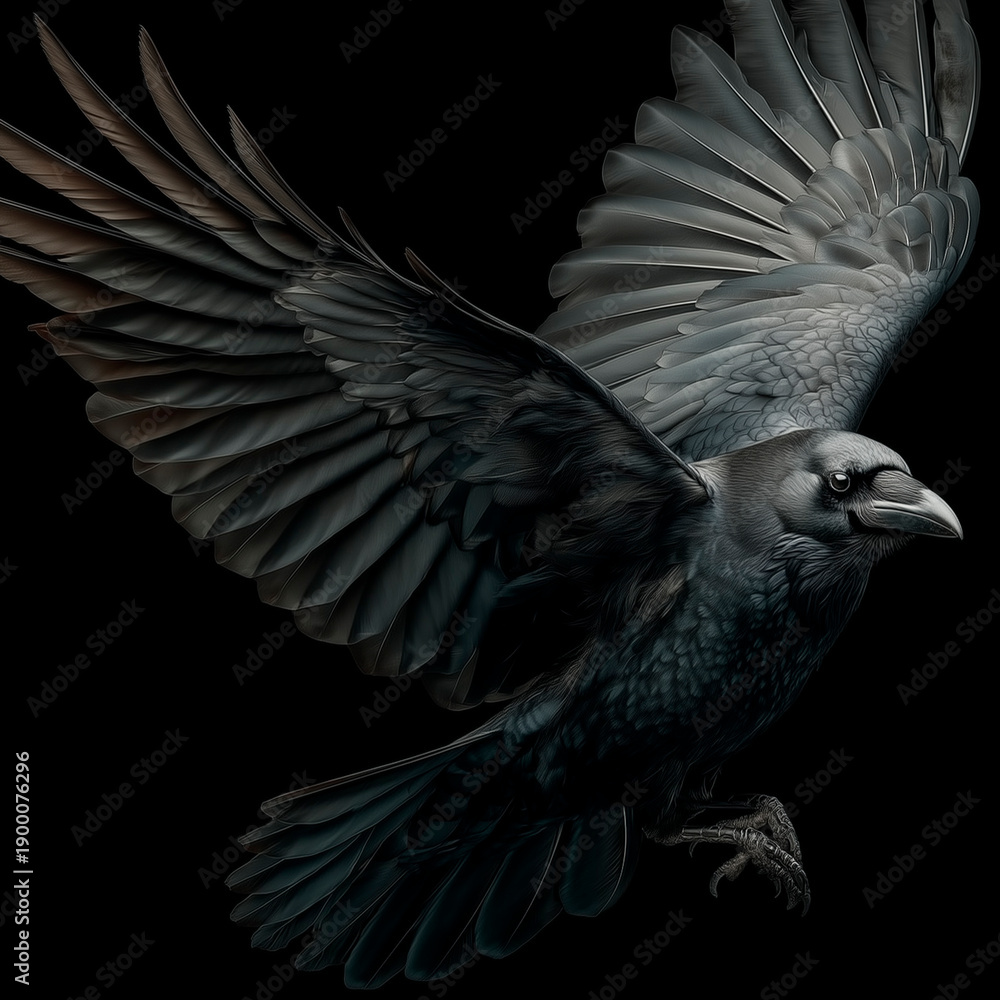 Obraz premium Black Raven with Spread Wings Isolated on Dark Background, Symbol of Mystery and Power